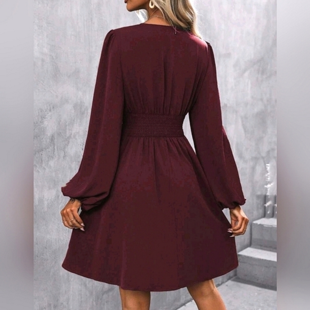 NEW Chic Ruched Waist Lantern Sleeve Dress Burgundy Red - Picture 5 of 9